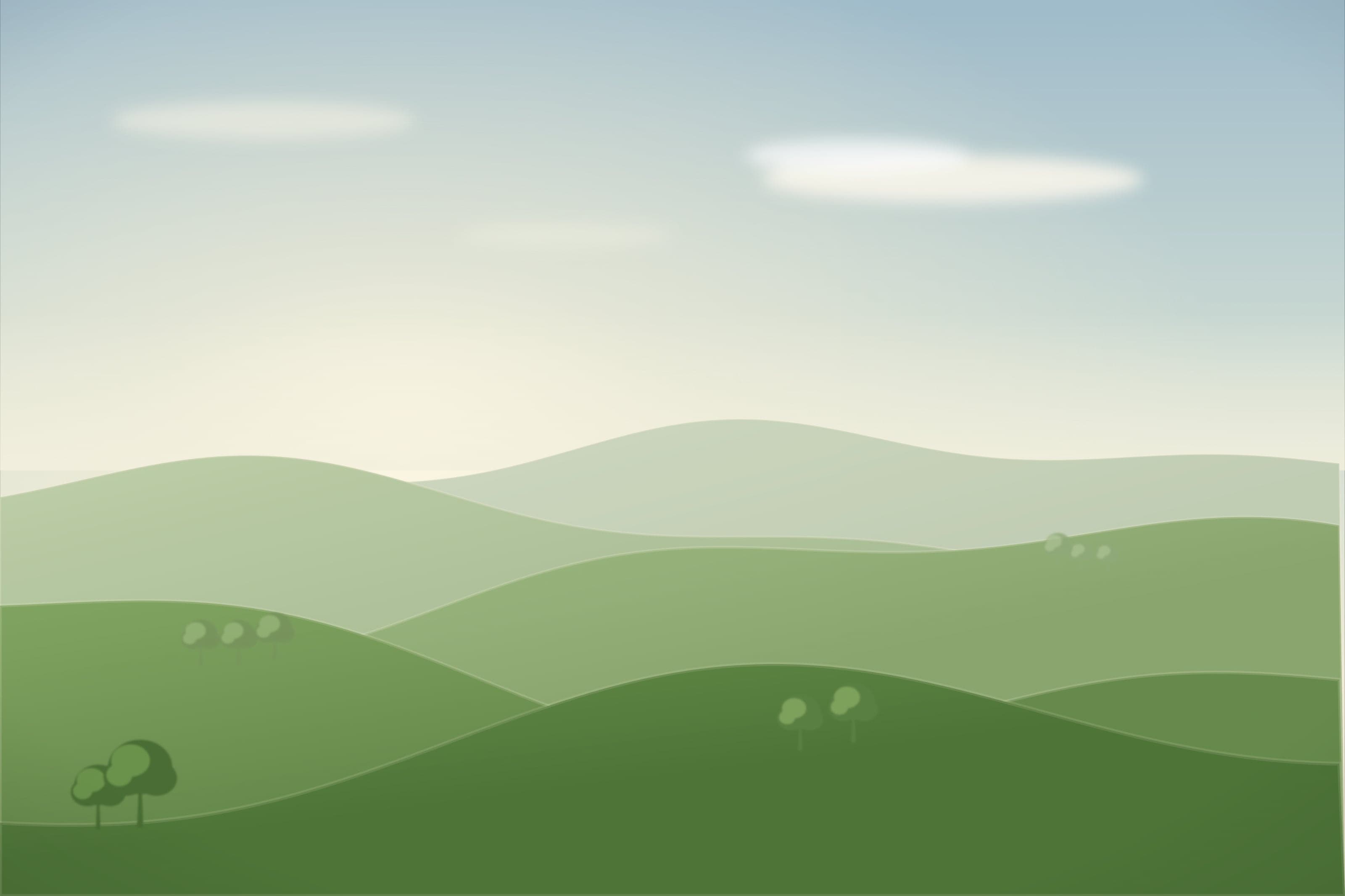Rolling green hills under a soft morning sky.